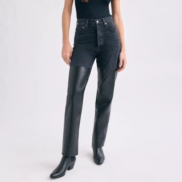 AGOLDE Woman's Black Pieced 90s Pinch Waist Leather Jeans Size 24 - Picture 1 of 9